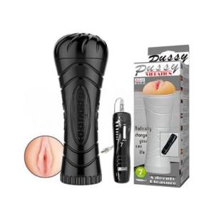 Âm đạo giả Pussy dạng đèn pin có rung, dụng cụ hỗ trợ thủ dâm nam với 7 chế độ hoạt động theo thông tin nhà bán hàng, thiết kế cầm tay màu đen, dùng 3 pin AAA, cần vệ sinh và bảo quản đúng hướng dẫn