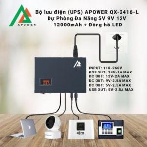 Bộ Lưu Điện Mini APOWER QX-2416-L, UPS Dự Phòng 5V 9V 12V 24V, Pin 12000mAh, Màn Hình LED Hiển Thị, Dùng Cho Camera, Modem Wifi, Box TV, Cửa Từ, Tivi, Router, Tiết Kiệm Năng Lượng
