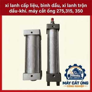 Xi lanh cấp liệu máy cắt ống 275 315 350, phụ kiện khí nén hỗ trợ đẩy phôi và cấp ống vào vị trí gia công, linh kiện thay thế cho máy cưa ống bán tự động, phù hợp xưởng cơ khí cần duy trì quy trình cắt liên tục